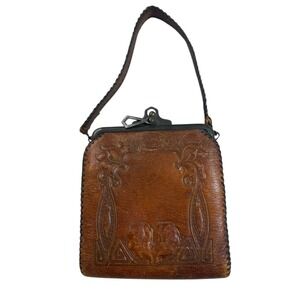 VTG‎ Tooled Brown Leather Coin Purse / Small Handbag Floral Embossed Art Deco